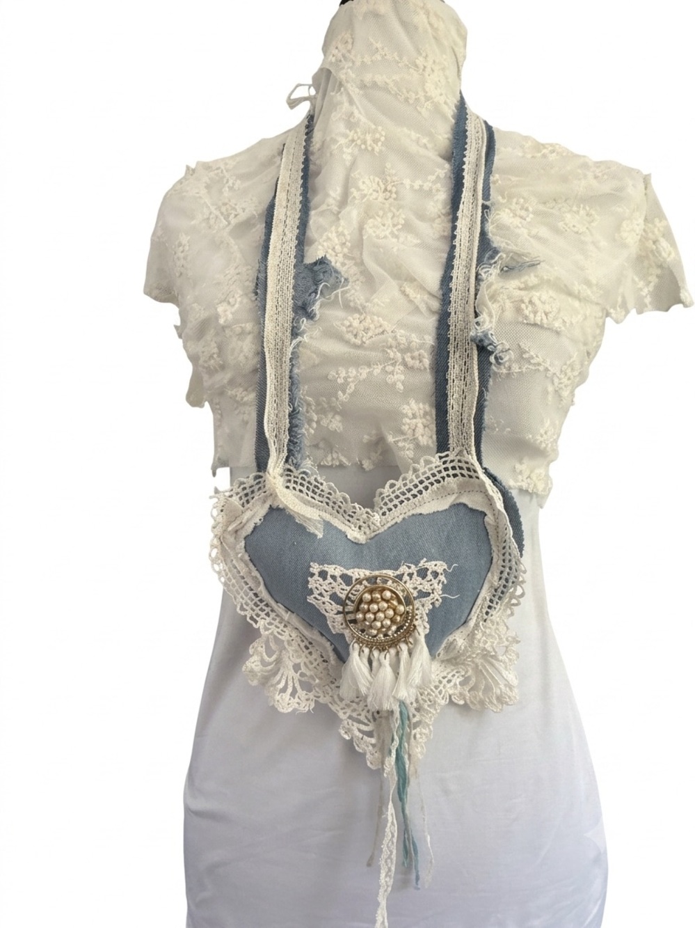 Handmade Upcycled Denim White Lace Tassel Heart Necklace OS